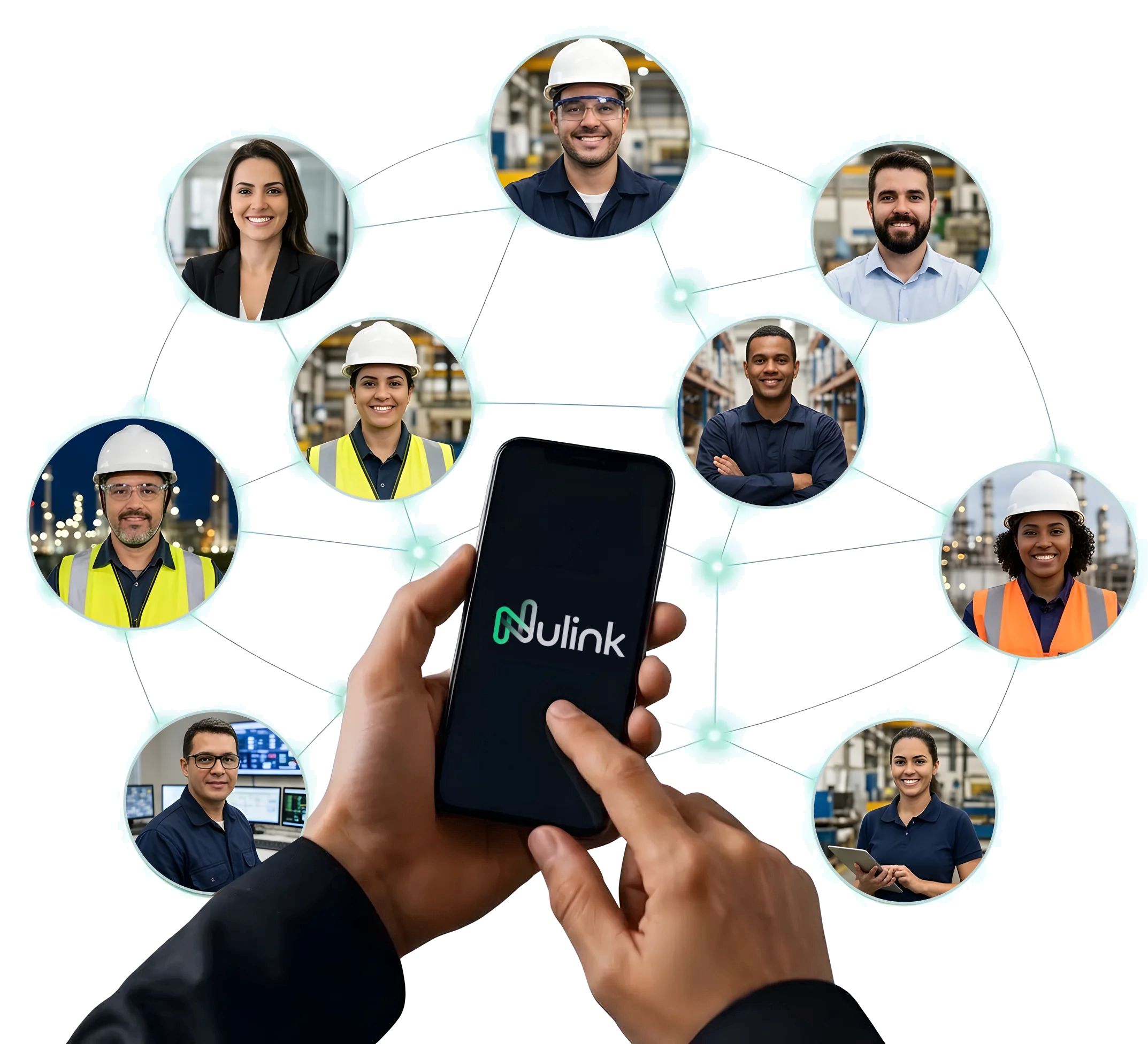 Profissionais e empresas do setor industrial conectados pela rede Nulink, com o aplicativo aberto no celular